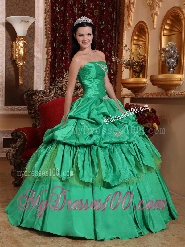 Pick-ups Spring Green Sweet 16 Ball Gown Strapless Taffeta Appliques