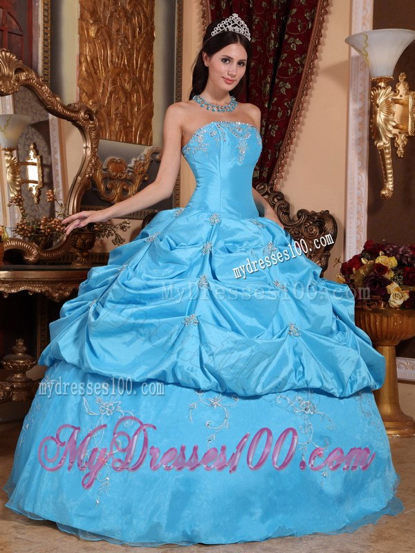 Teal Strapless Beading and Pick-ups Quinceanera Dress for Girls
