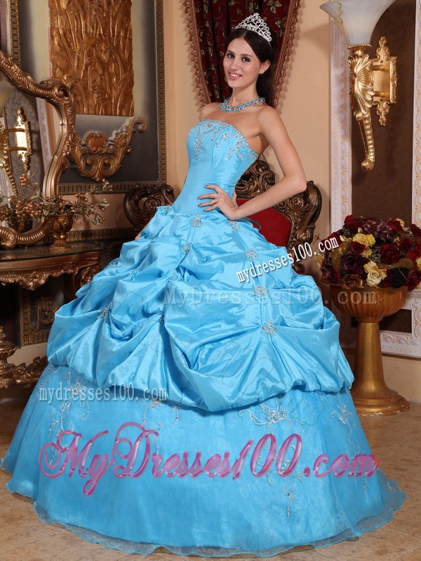 Teal Strapless Beading and Pick-ups Quinceanera Dress for Girls