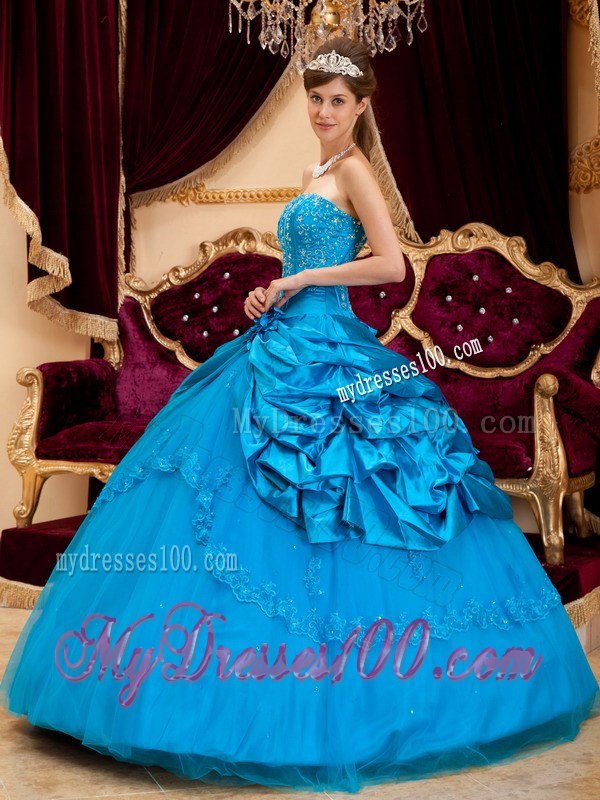 Teal Strapless Beading Ruffled Sweet Sixteen Dresse with Lace
