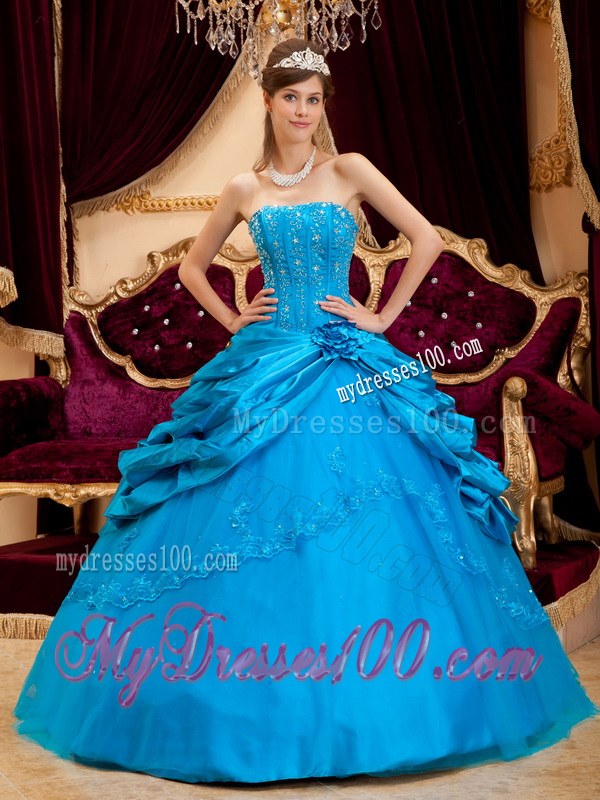 Teal Strapless Beading Ruffled Sweet Sixteen Dresse with Lace