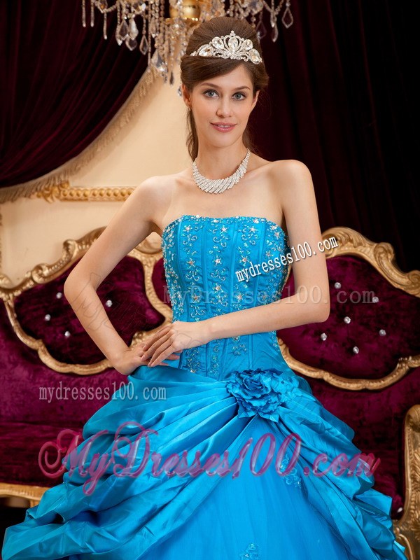 Teal Strapless Beading Ruffled Sweet Sixteen Dresse with Lace