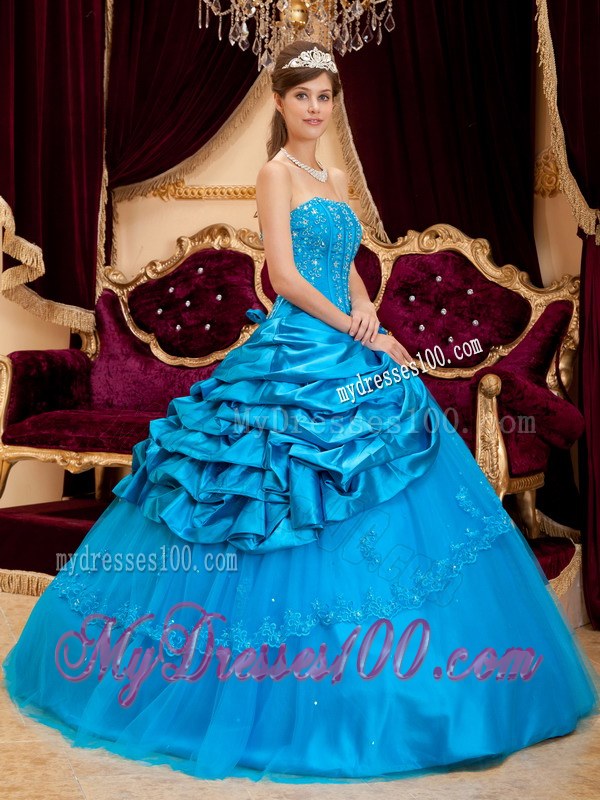 Teal Strapless Beading Ruffled Sweet Sixteen Dresse with Lace