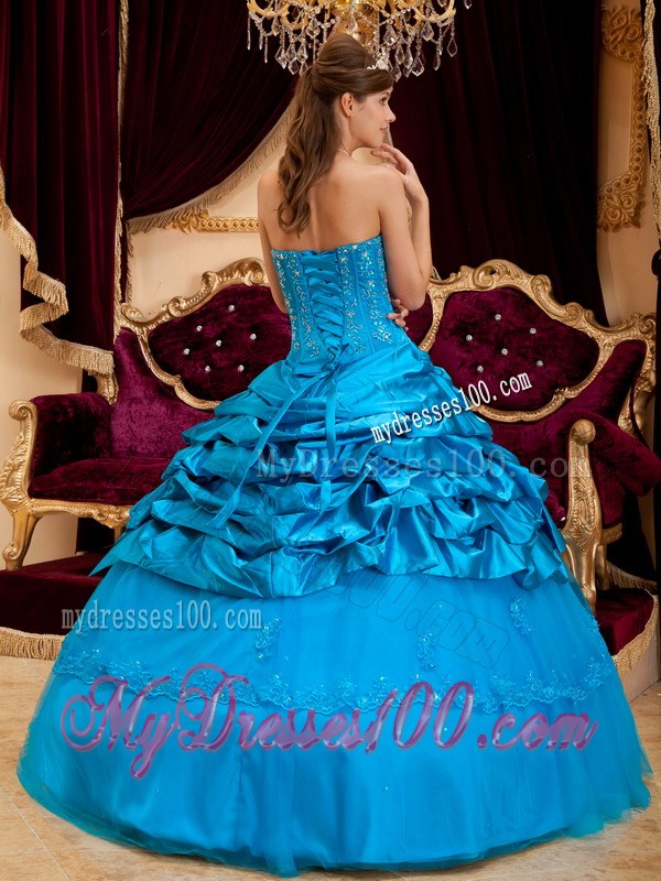 Teal Strapless Beading Ruffled Sweet Sixteen Dresse with Lace