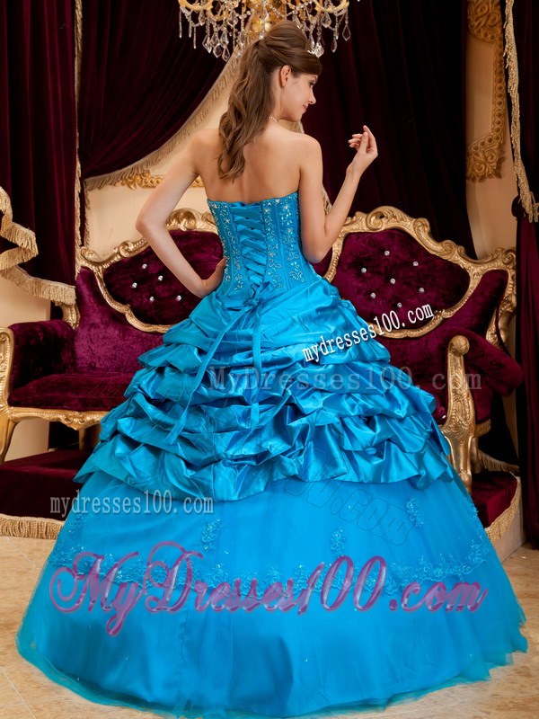 Teal Strapless Beading Ruffled Sweet Sixteen Dresse with Lace