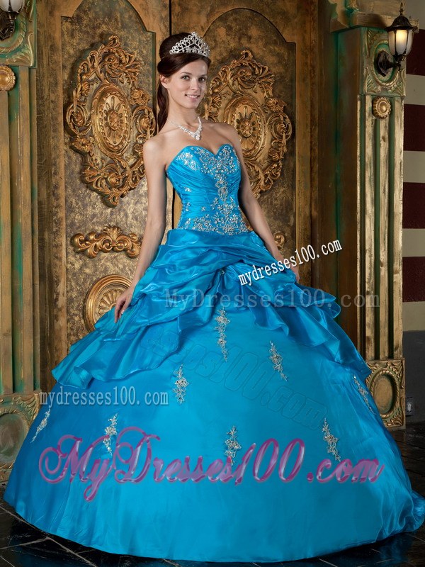 Sweetheart Teal Ball Gown Floor-length Appliques Dress for Sweet 15