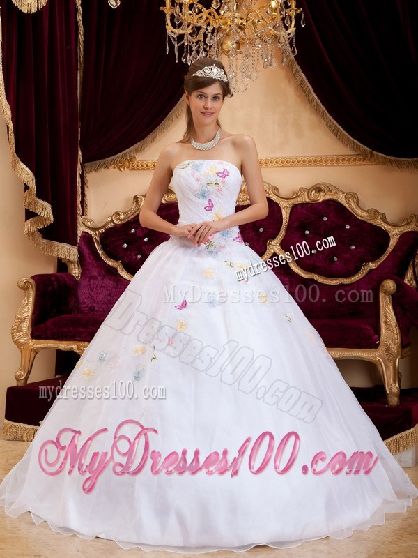 A-Line Strapless White Ruched Sweet Sixteen Dress with Appliques
