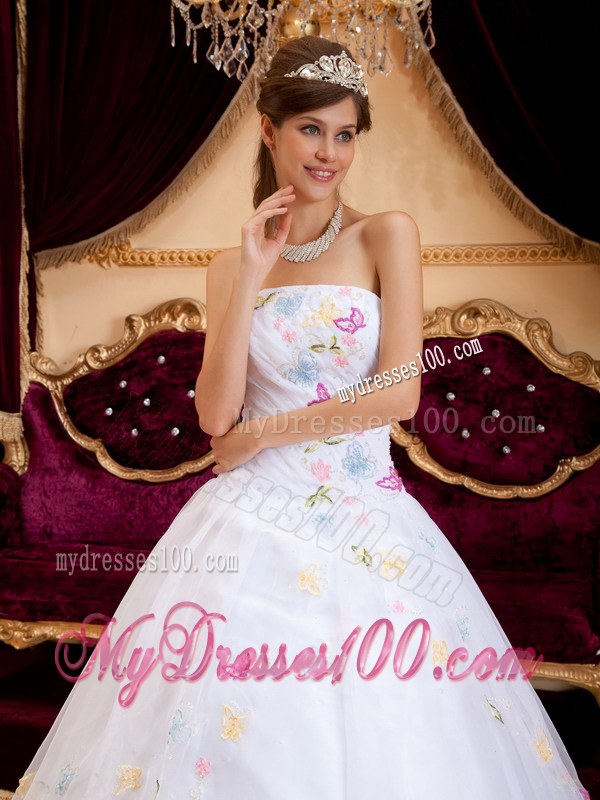 A-Line Strapless White Ruched Sweet Sixteen Dress with Appliques