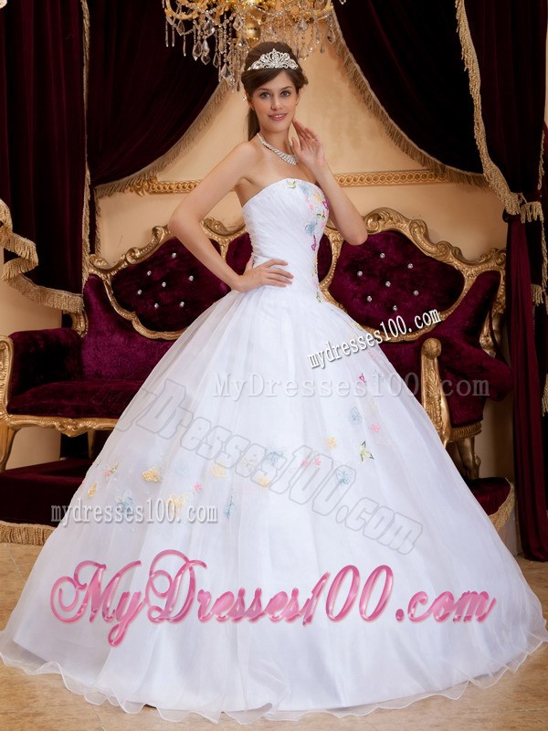 A-Line Strapless White Ruched Sweet Sixteen Dress with Appliques