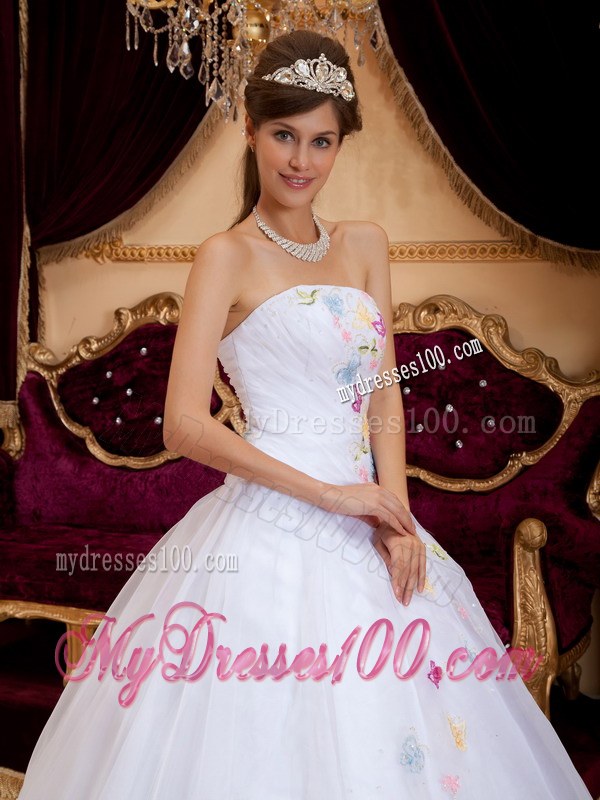 A-Line Strapless White Ruched Sweet Sixteen Dress with Appliques