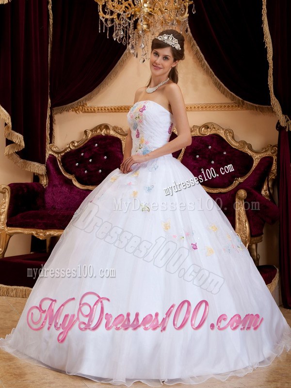 A-Line Strapless White Ruched Sweet Sixteen Dress with Appliques