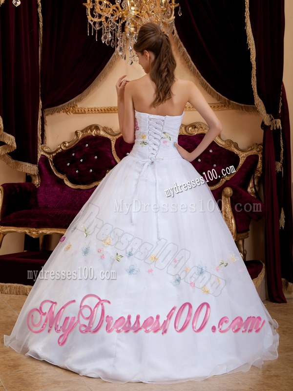 A-Line Strapless White Ruched Sweet Sixteen Dress with Appliques