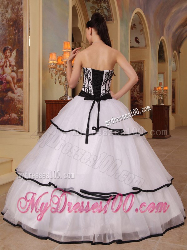 White and Black Ball Gown Organza Embroidery Sweet 16 Dresses