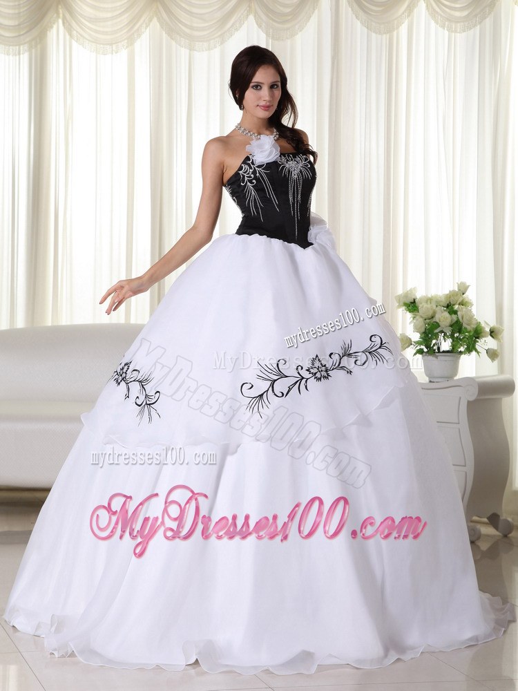 White and Black Ball Gown Strapless Dress for Quince with Appliques