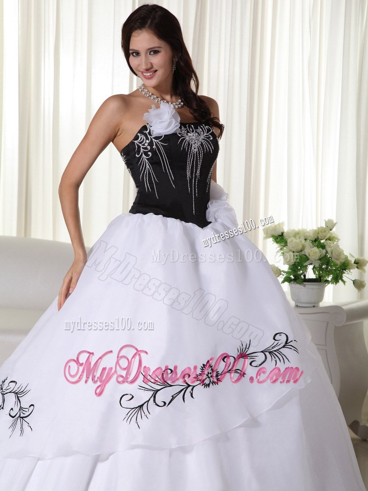 White and Black Ball Gown Strapless Dress for Quince with Appliques