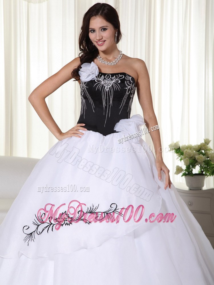 White and Black Ball Gown Strapless Dress for Quince with Appliques