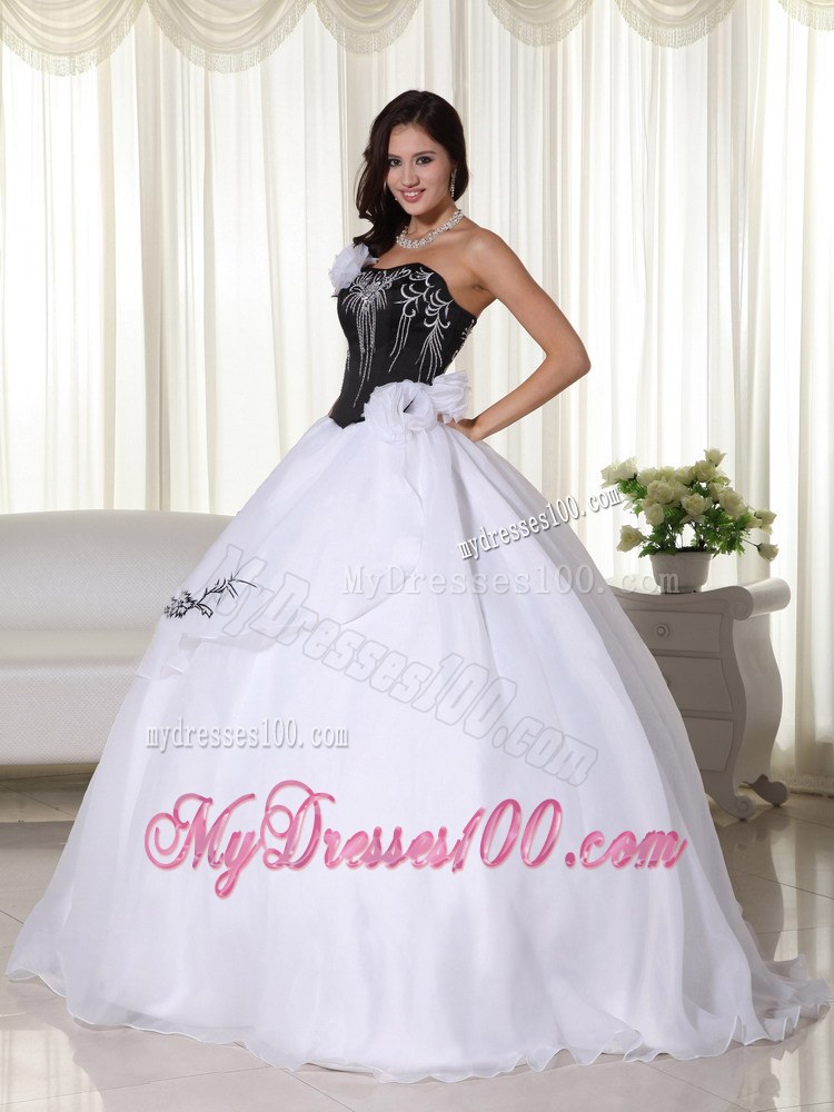 White and Black Ball Gown Strapless Dress for Quince with Appliques