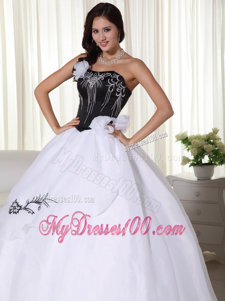White and Black Ball Gown Strapless Dress for Quince with Appliques