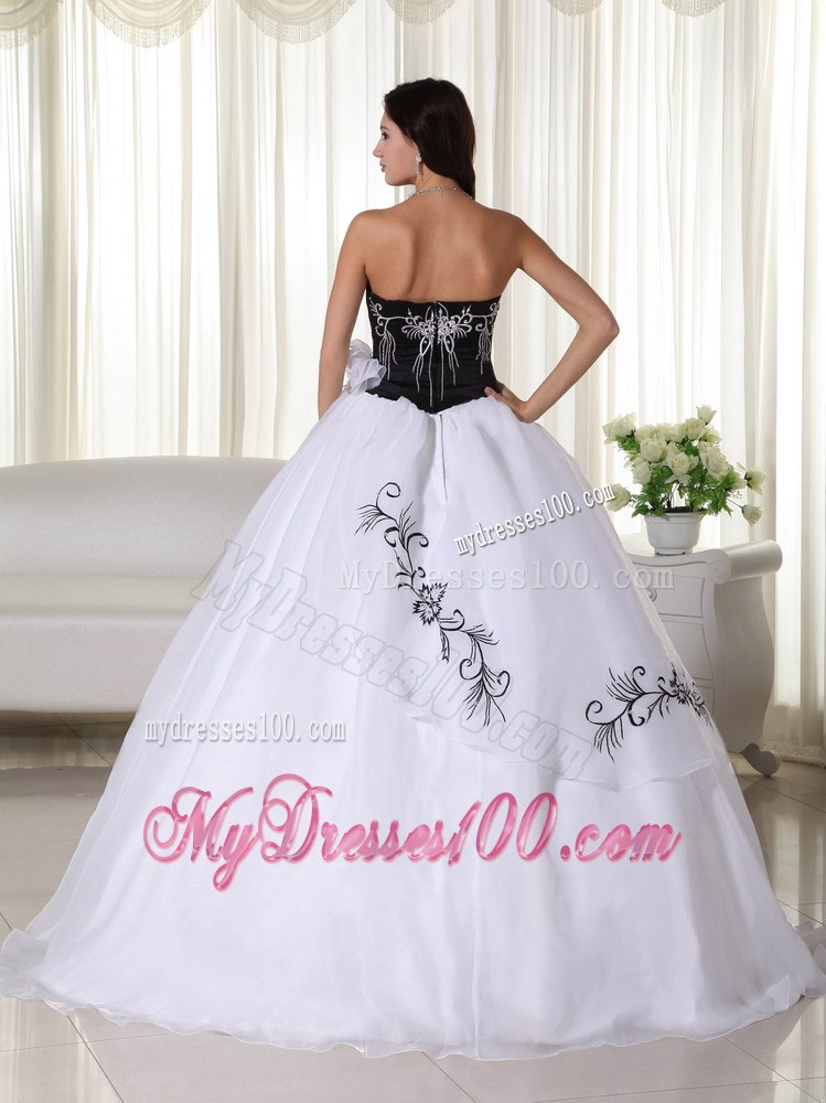 White and Black Ball Gown Strapless Dress for Quince with Appliques