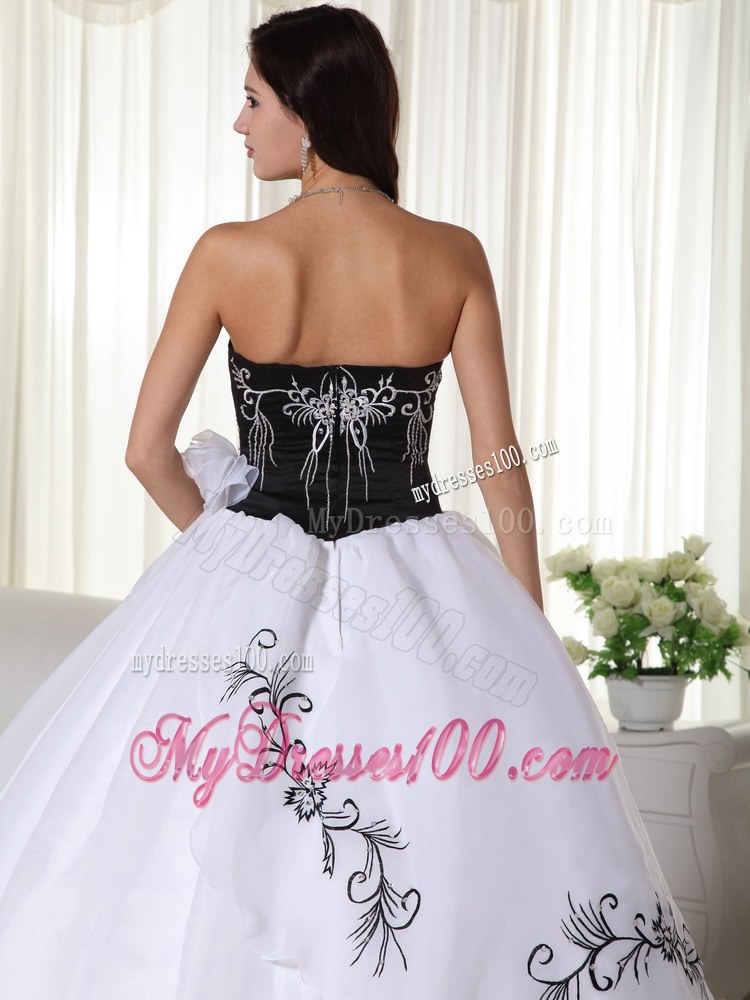 White and Black Ball Gown Strapless Dress for Quince with Appliques