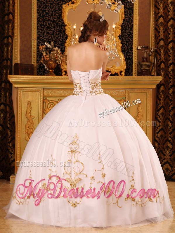 White Ball Gown Strapless Floor-length Quinceanera Dress with Gold Appliques