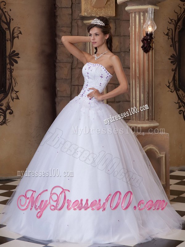 White Strapless Floor-length Ball Gown with Appliques for Quinceanera