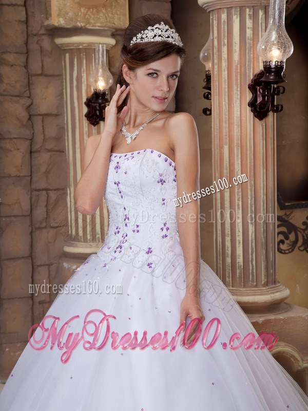 White Strapless Floor-length Ball Gown with Appliques for Quinceanera