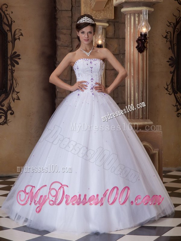White Strapless Floor-length Ball Gown with Appliques for Quinceanera