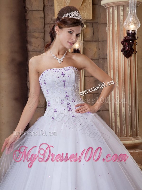 White Strapless Floor-length Ball Gown with Appliques for Quinceanera