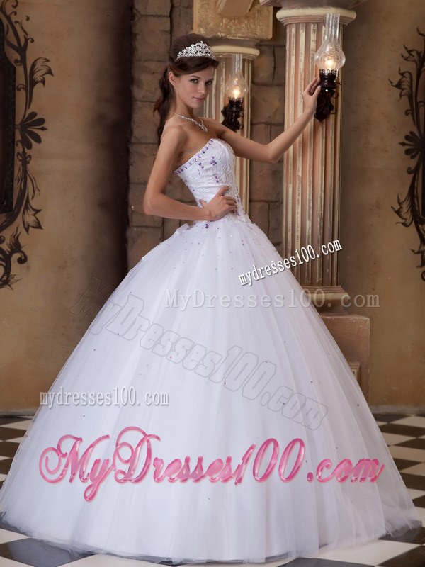 White Strapless Floor-length Ball Gown with Appliques for Quinceanera