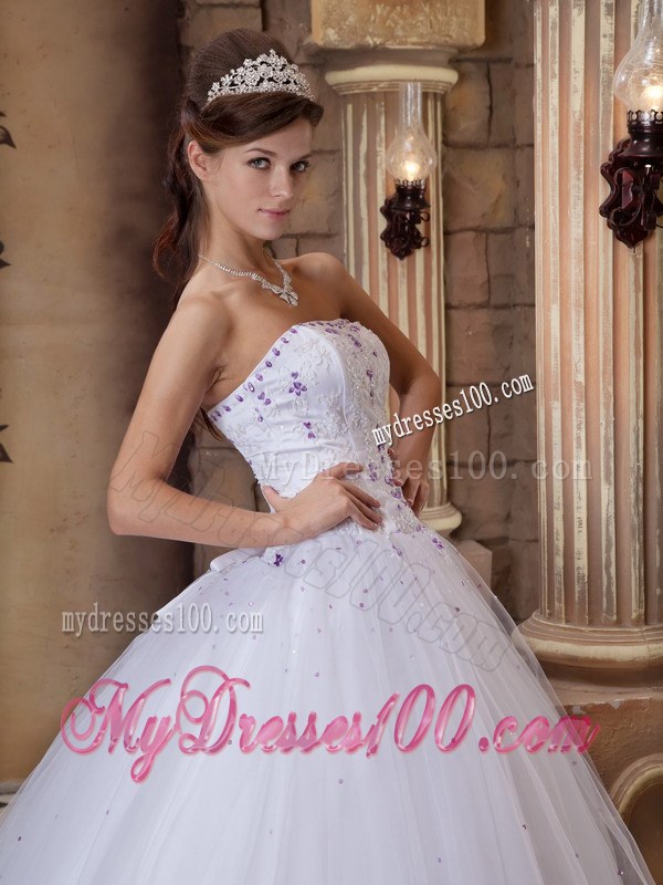 White Strapless Floor-length Ball Gown with Appliques for Quinceanera