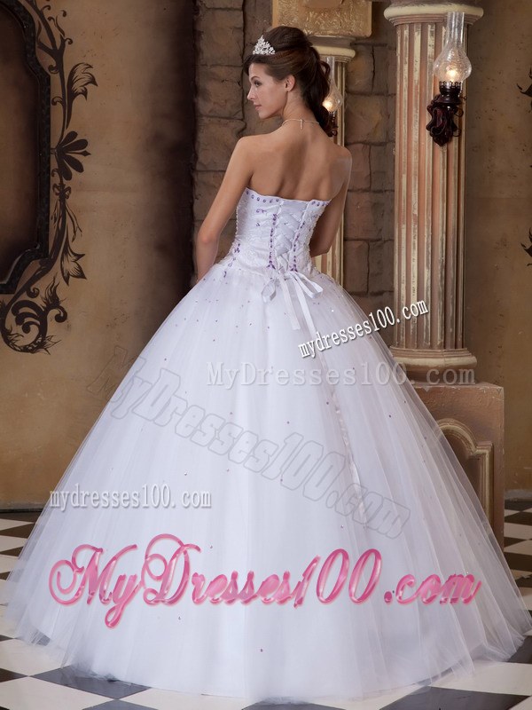 White Strapless Floor-length Ball Gown with Appliques for Quinceanera