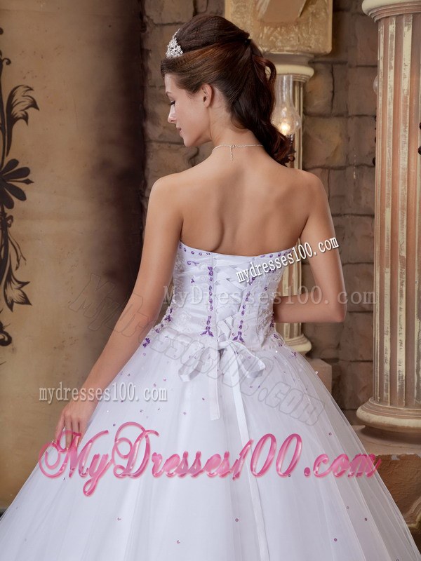 White Strapless Floor-length Ball Gown with Appliques for Quinceanera