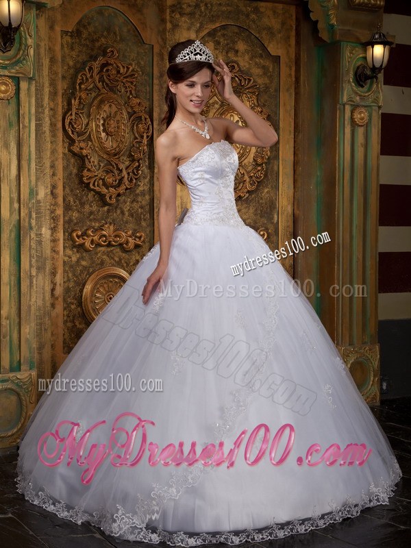 White Ball Gown Strapless Satin and Tulle Lace Quinceanera Dress