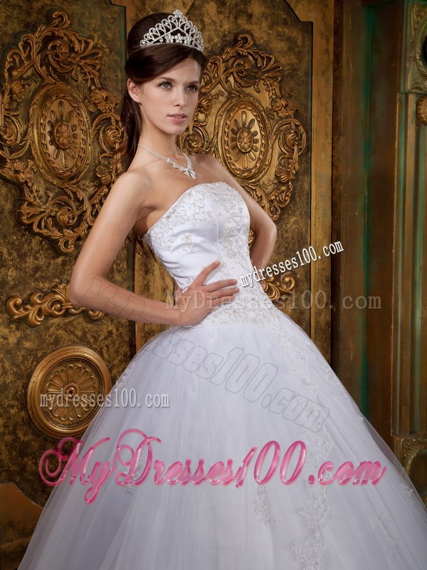 White Ball Gown Strapless Satin and Tulle Lace Quinceanera Dress