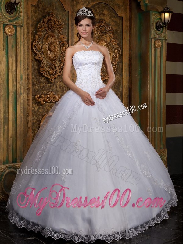 White Ball Gown Strapless Satin and Tulle Lace Quinceanera Dress
