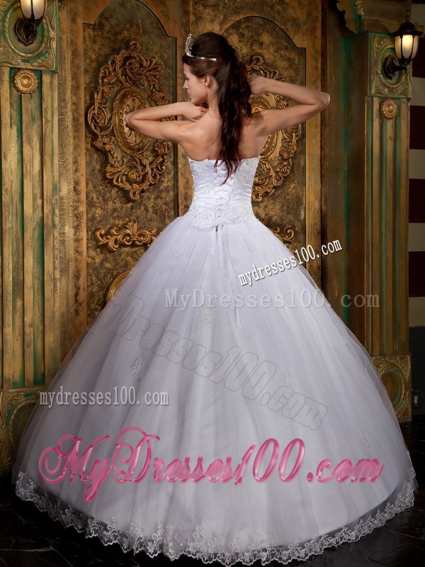 White Ball Gown Strapless Satin and Tulle Lace Quinceanera Dress