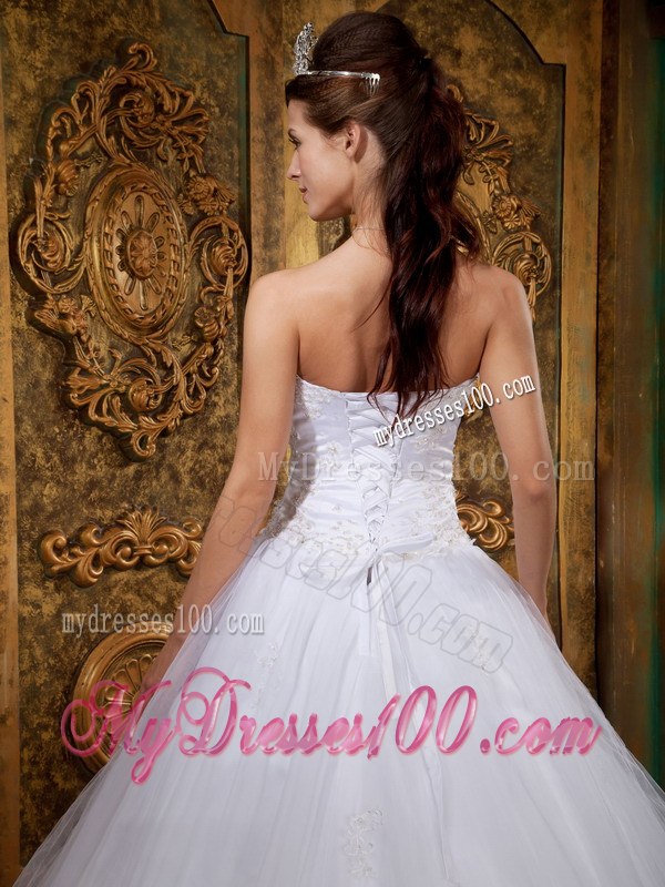 White Ball Gown Strapless Satin and Tulle Lace Quinceanera Dress