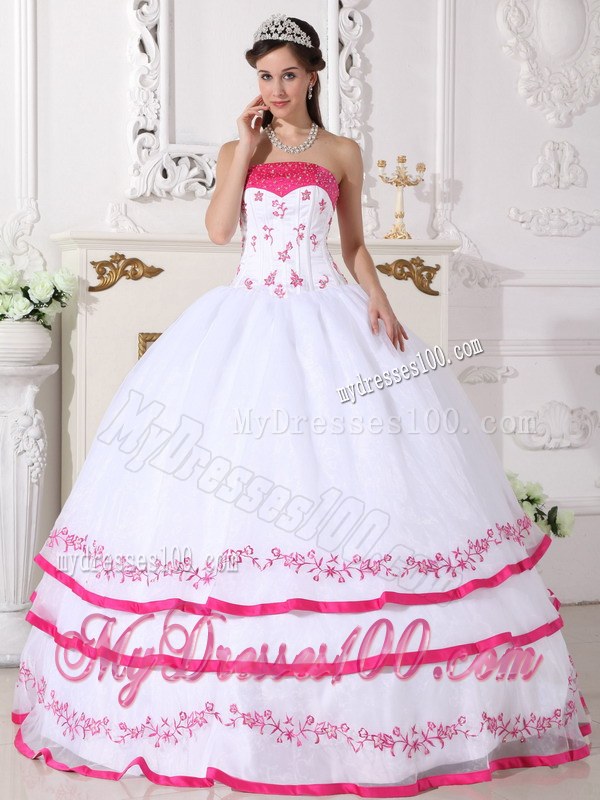 Layered White and Hot Pink Quinceanera Dresses Organza Beading