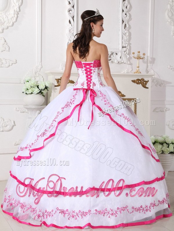 Layered White and Hot Pink Quinceanera Dresses Organza Beading