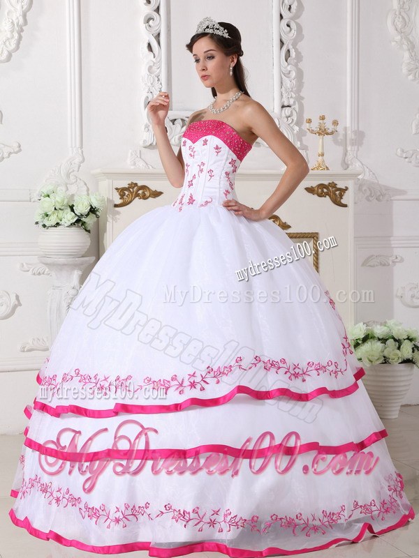 Layered White and Hot Pink Quinceanera Dresses Organza Beading