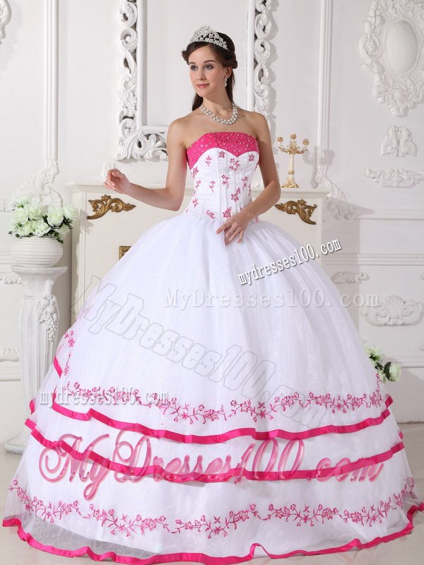 Layered White and Hot Pink Quinceanera Dresses Organza Beading