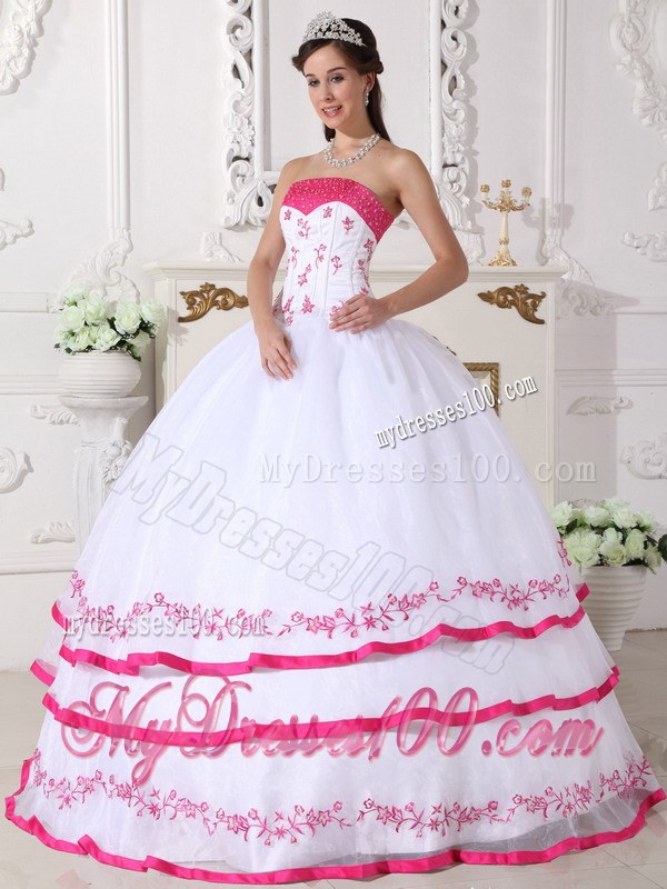 Layered White and Hot Pink Quinceanera Dresses Organza Beading