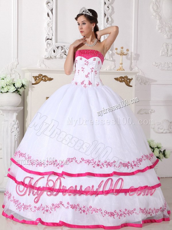 Layered White and Hot Pink Quinceanera Dresses Organza Beading