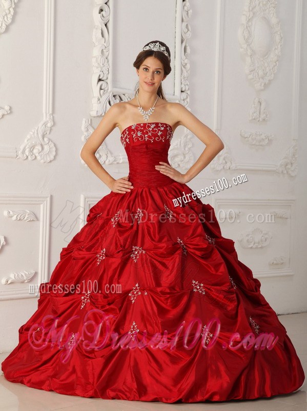 Red Quinceanera Dress Strapless Floor-length with Pick-ups and Appliques