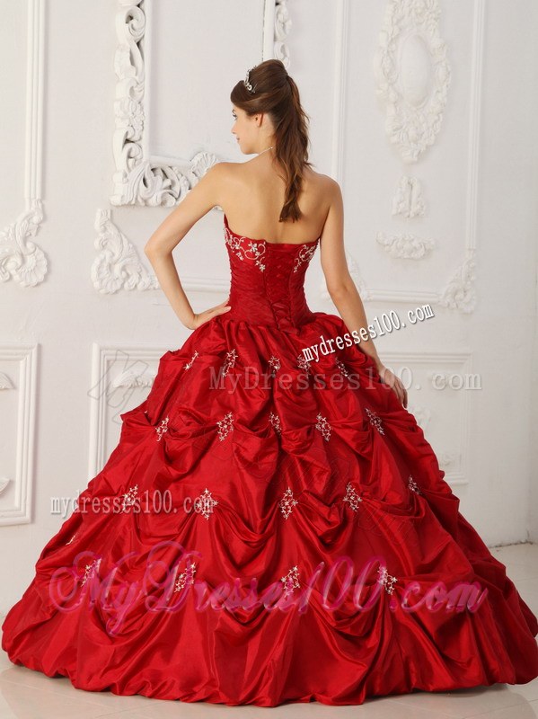 Red Quinceanera Dress Strapless Floor-length with Pick-ups and Appliques