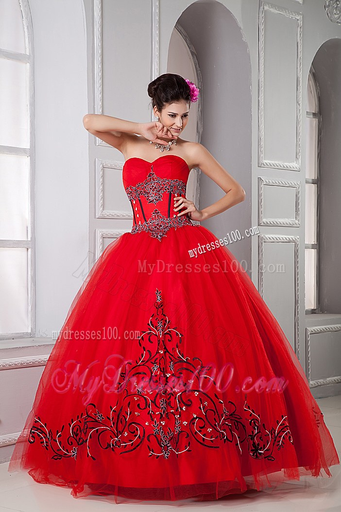 Red Tulle Ball Gown Sweetheart Quinceanera Dresses with Appliques