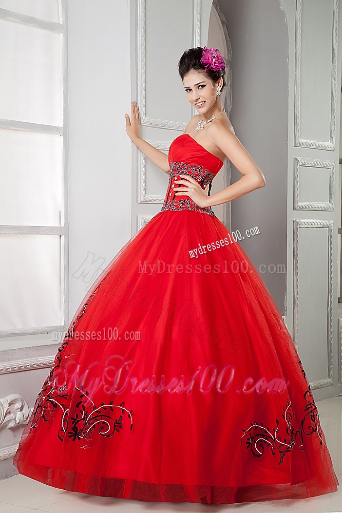 Red Tulle Ball Gown Sweetheart Quinceanera Dresses with Appliques