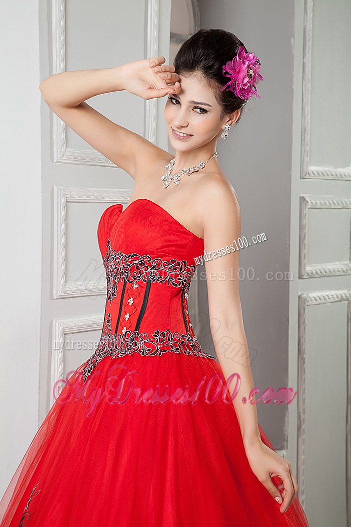 Red Tulle Ball Gown Sweetheart Quinceanera Dresses with Appliques