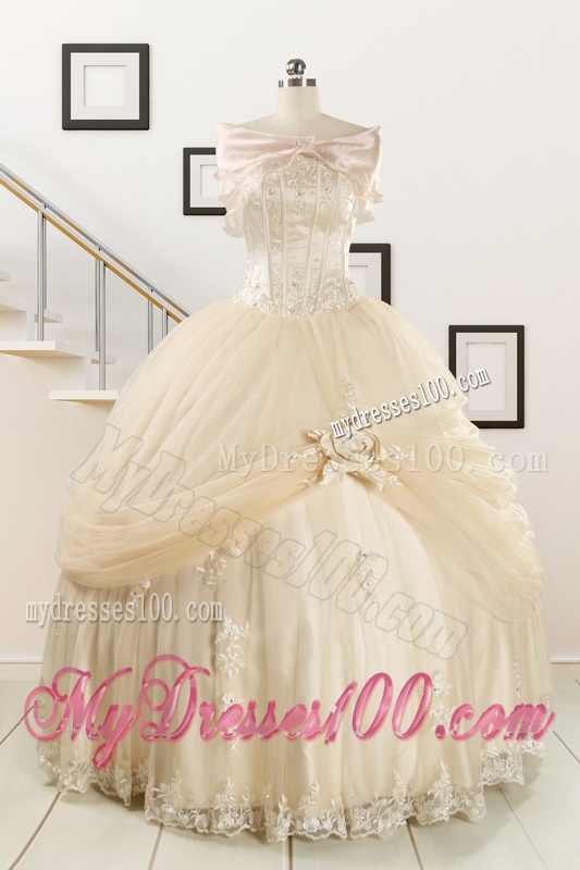 2016 Classical Appliques and Hand Made Flower Quinceanera Dresses in Champagne